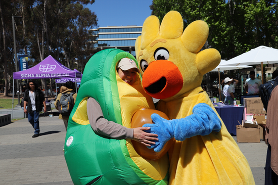 Fluffy UCSD Mascot with UCSD Basic Needs Avocado Mascot