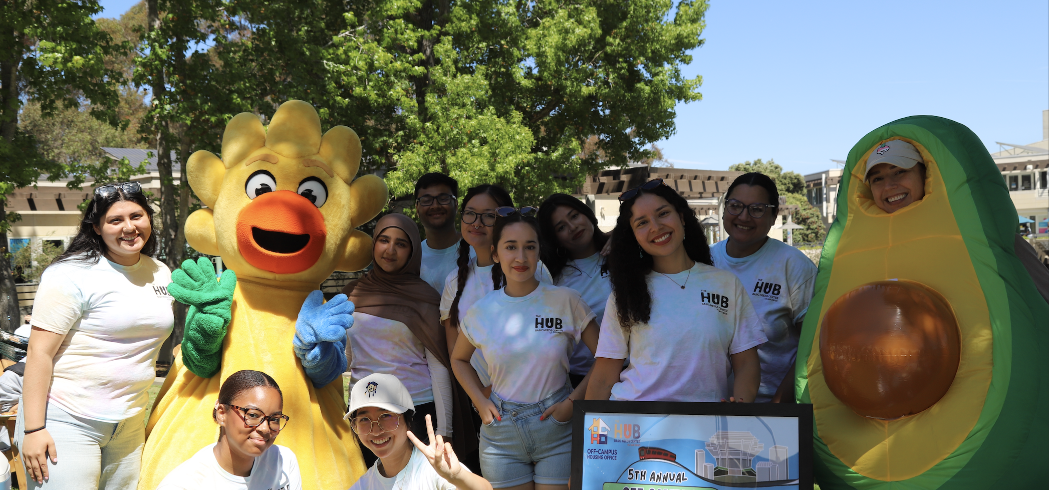 2 of 4, Off Campus Fair Peer Educators and Basic Needs Staff with Fluffy UCSD Mascot and Avocado Basic Needs Mascot