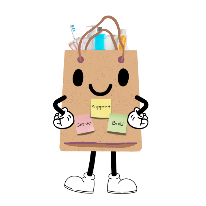 Personal Hygiene Program mascot bag with hygiene items inside